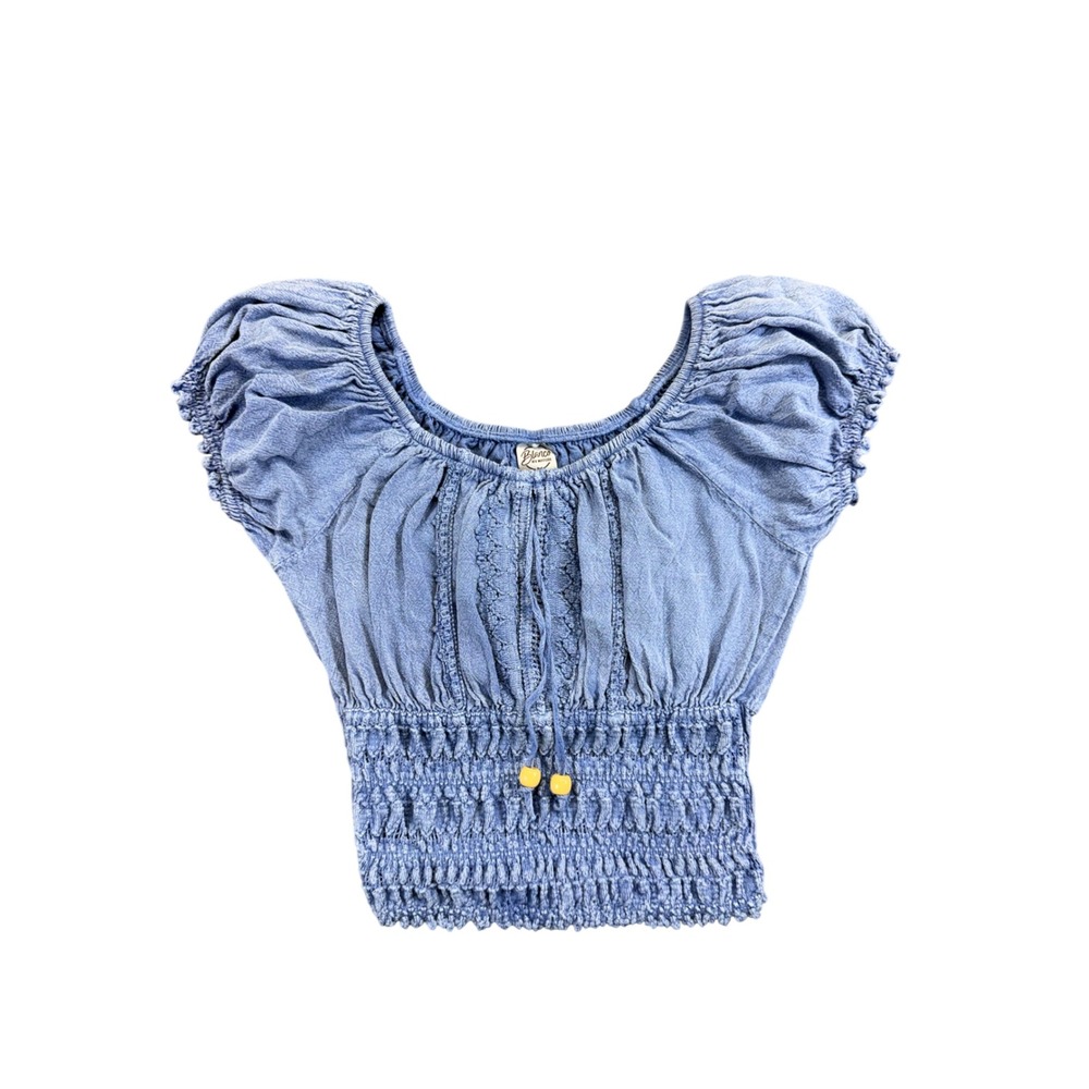Blanco by Nature Womens Blue Smocked Peasant Top Crochet Lace Puff Sleeve Small